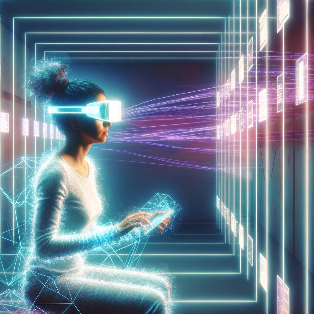 A depiction of an individual engrossed in the usage of Artificial Intelligence technology. The person should be shown sitting in a minimalistic, futuristic room filled with interactive holographic screens, lines of code streaming down the screens. The person, a Middle-Eastern woman with curly hair pulled back in a bun, sports a pair of high-tech augmented reality glasses and is intently analyzing the data displayed. The atmosphere verges on mystical, painted in cool neon shades, a contrast to the warm light enveloping the woman, symbolizing the merging of humanity with high-end technology.