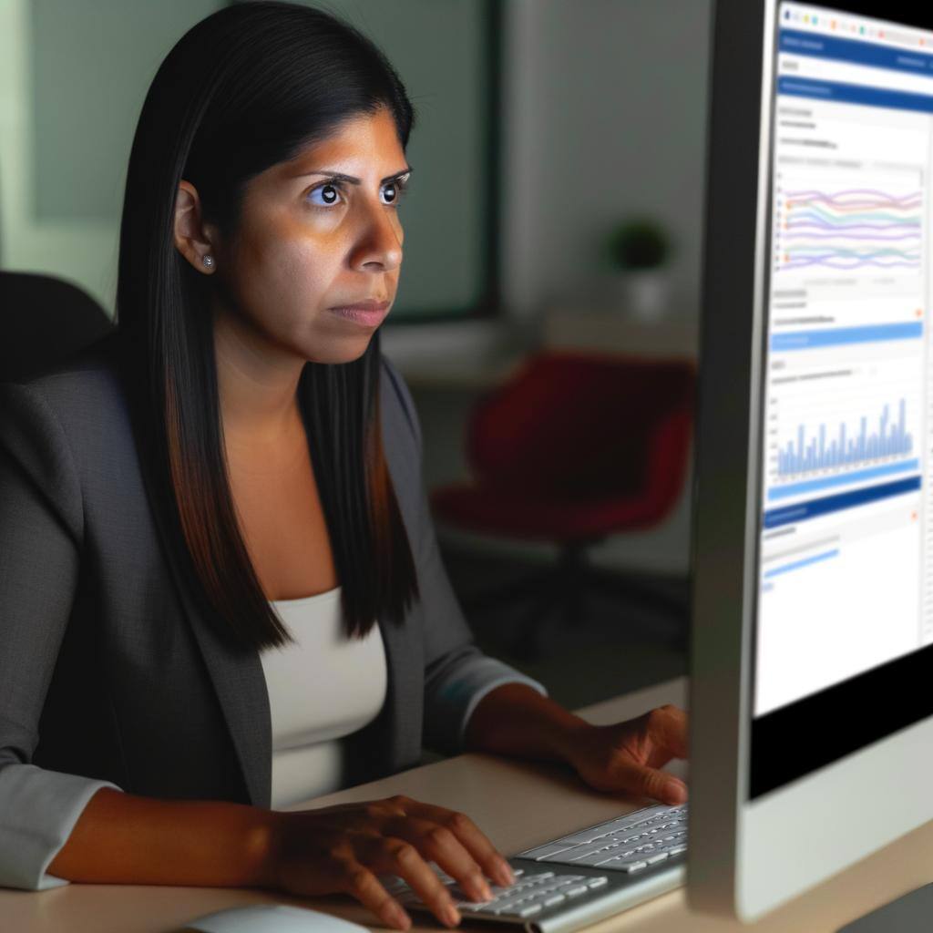 A Hispanic female working on a computer and analyzing website traffic. She is intent in her work, sitting at a clean desk with her eyes focused on the screen. Various browser tabs and analysis tools are open on the computer monitor, showing graphs and statistics of web traffic. Her surroundings reflect a professional office environment with ambient lighting.